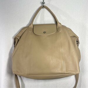 Longchamp Le Pliage Cuir Tote Bag Beige Leather Medium Handbag Authentic